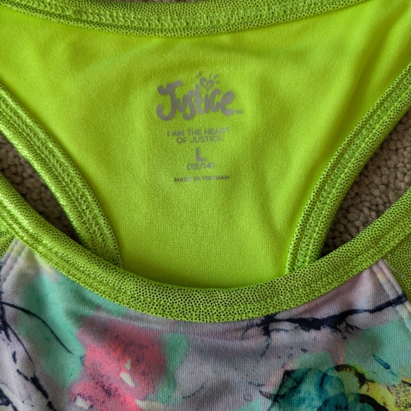 Justice girls tank top bright green with multi-colored flower design new w/tag - Picture 3 of 4